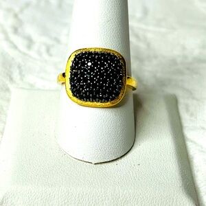 Veronese Italy Vermeil and Black Spinel Square Cocktail Ring Size 10